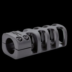 Clamp-on 12 gauge shotgun muzzle brake for unthreaded barrels — close-up detail