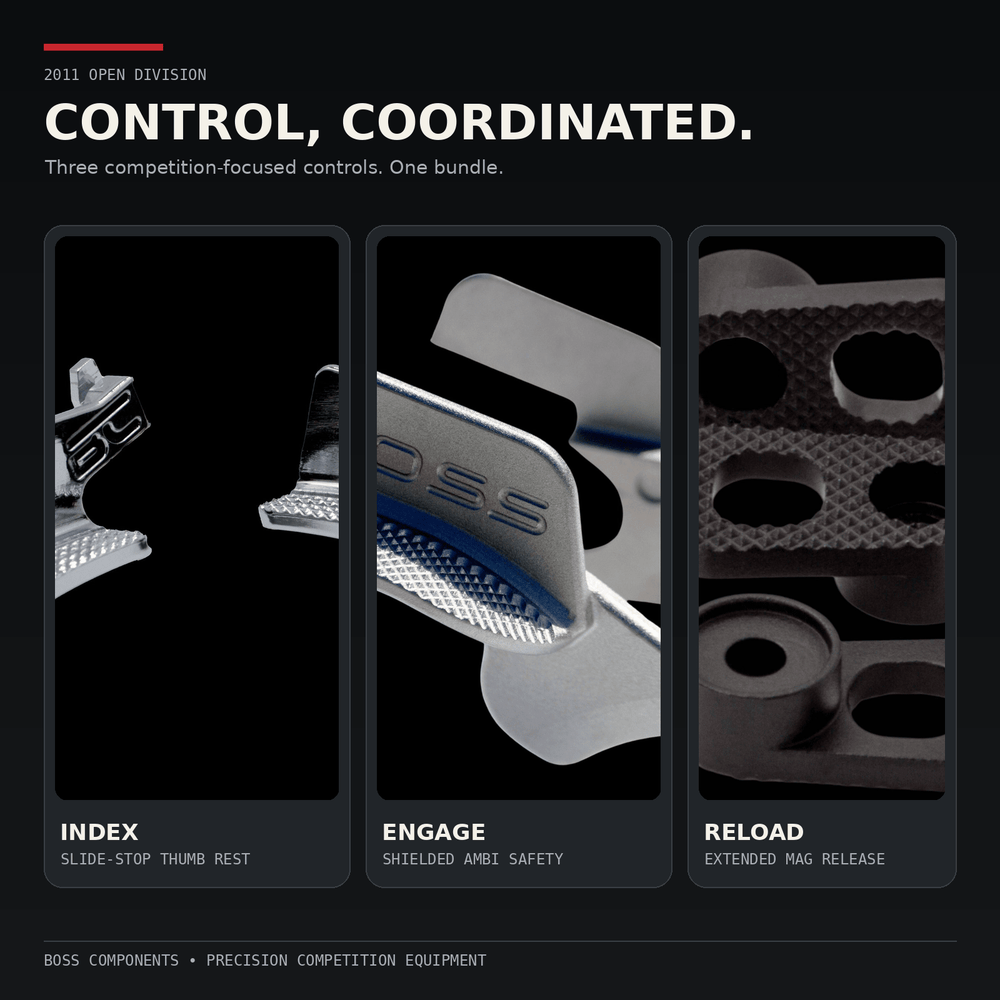 Adjustable 2011 thumb rest from the Open Division controls bundle, anodised aluminium
