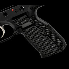 CZ Shadow 2 solid brass grip panels for IPSC competition, gold and black plated finishes