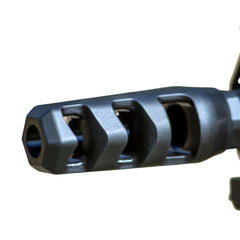 QPQ-finished 416 stainless .223 muzzle brake with 1/2x28 threading — angled view
