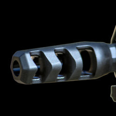 QPQ-finished 416 stainless .308 muzzle brake with 5/8x24 threading — angled view