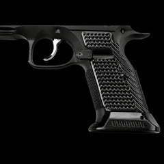 CZ Shadow 2 brass magwell flared funnel shown with slim brass flat grips fitted