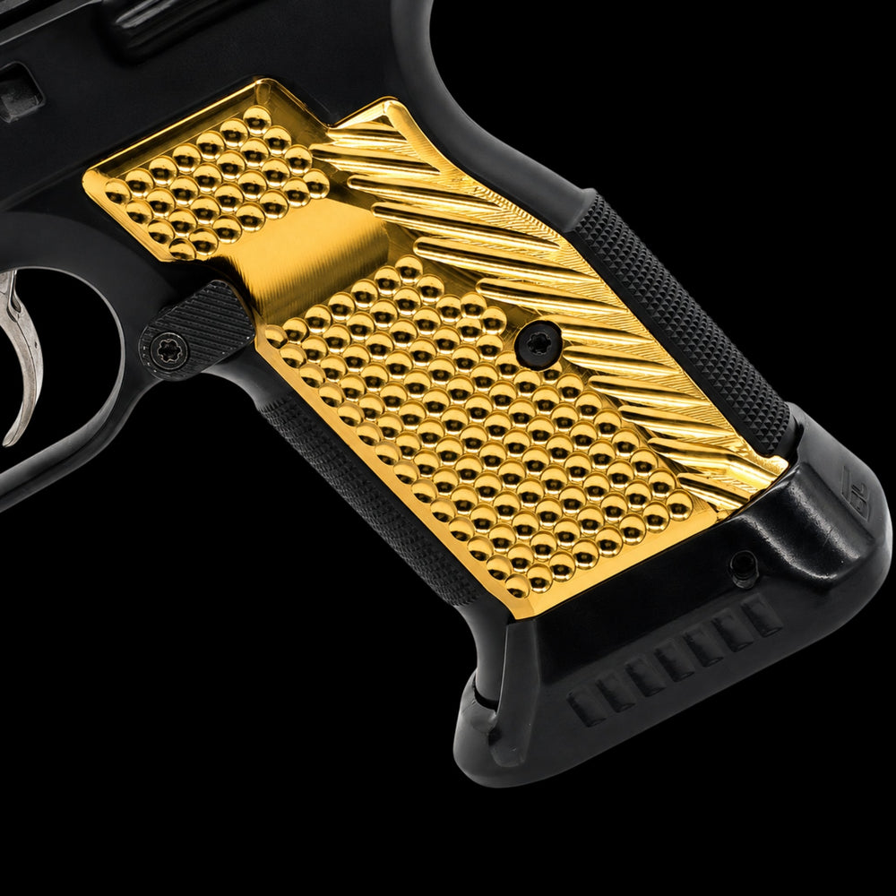 CZ Shadow 2 brass flat grips with magwell cut, slim traditional profile in gold finish