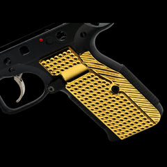 CZ Shadow 2 full-length flat grips machined from solid brass, gold and black finishes