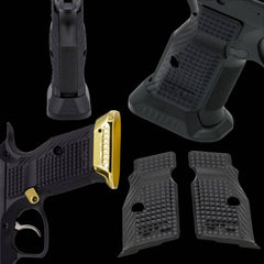 CZ Shadow 2 G10 palm swell short grips, magwell compatible — angled view