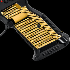Close view of CZ Shadow 2 magwell-cut brass grip texture and machined screw counterbores