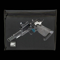 Large 600D polyester padded soft pistol case for competition handguns — close-up detail