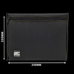 Large 600D polyester padded soft pistol case for competition handguns — angled view