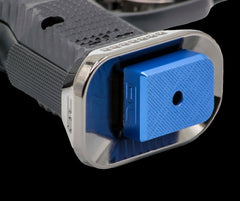 Anodised aluminium Mec-Gar magazine base pad for the CZ Shadow 2 — angled view