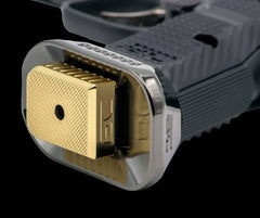 Brass Mec-Gar magazine base pad for the CZ Shadow 2 — close-up detail