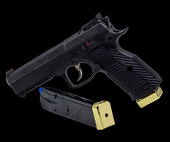 Brass Mec-Gar magazine base pad for the CZ Shadow 2 — angled view