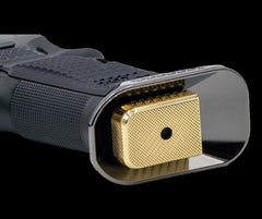Brass Mec-Gar magazine base pad for the CZ Shadow 2 — side profile view