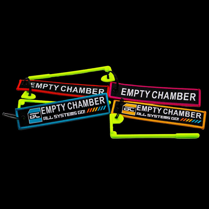 Pack of four high-visibility centrefire chamber safety flags in orange, blue, pink and yellow