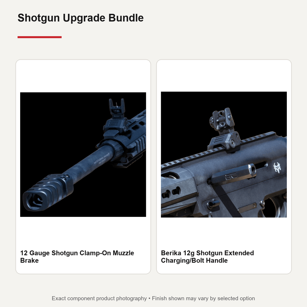 Shotgun upgrade bundle with clamp-on muzzle brake and extended charging handle